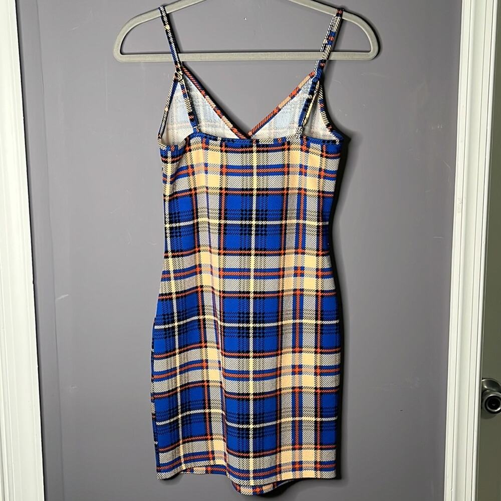 SHEIN Blue Orange Plaid Spaghetti Strap Mini Dress Small - Picture 4 of 8